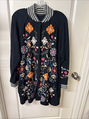 Johnny Was Black Embroidered Floral Sweater Cardigan with Multicolor Flowers